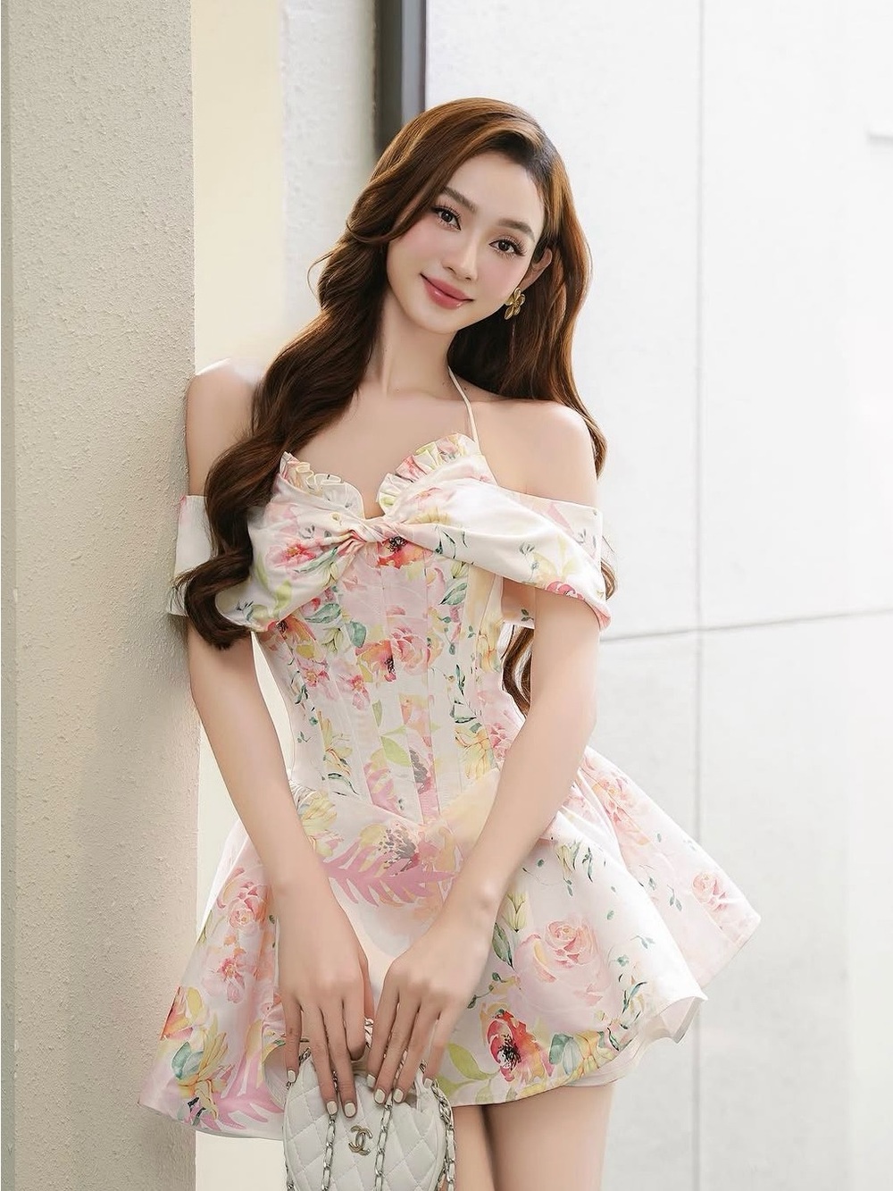 Romantic Pastel Pink Floral Off-Shoulder Mini Dress